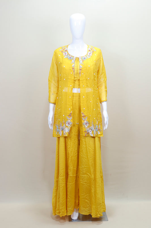 Yellow Palazzo Set Ethnic Party Wear Kurta Jacket with Long Pants