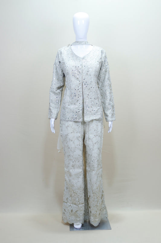 Silver Sharara Set Ethnic Party Wear Jacket Style Suit 