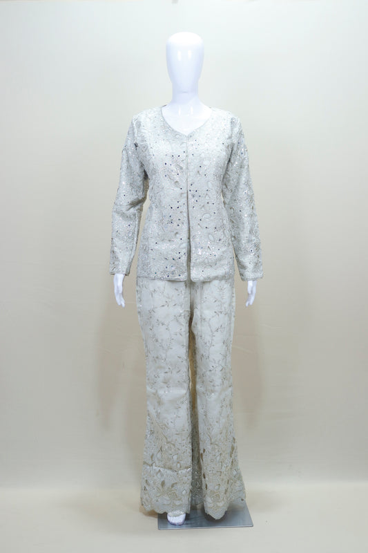 Silver Sharara Set Ethnic Party Wear Jacket Style Suit
