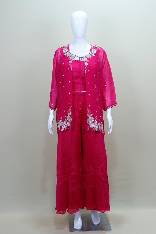 Pink Palazzo Set Ethnic Party Wear Kurta Jacket with Wide Leg Pants