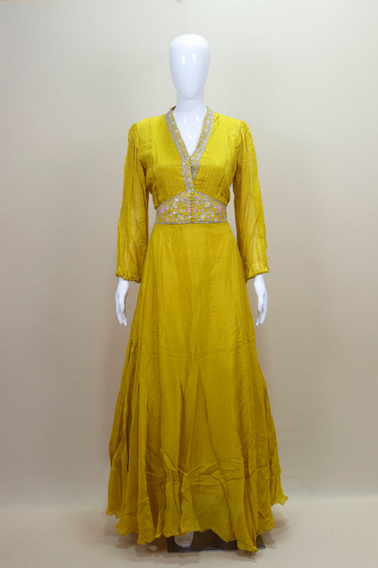 Designer Mustard Yellow Anarkali Gown with Waist & V-Neckline
