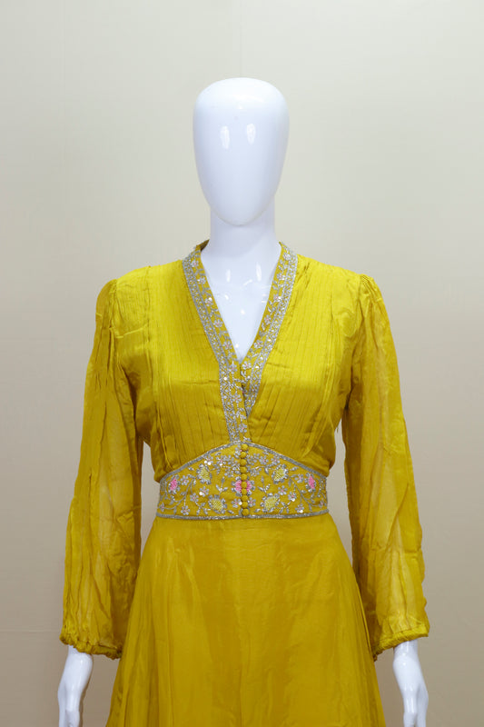 Designer Mustard Yellow Anarkali Gown with Waist & V-Neckline