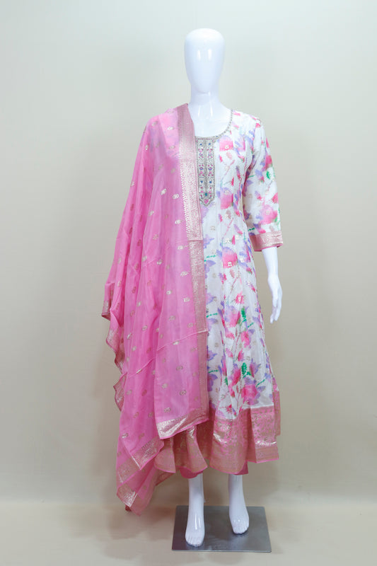 Floral Print Anarkali Suit with Pink Banarasi Dupatta 