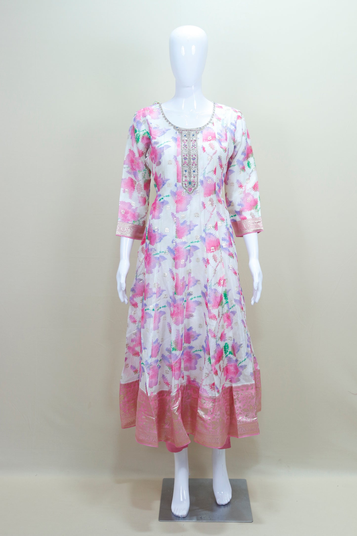 Floral Print Anarkali Suit with Pink Banarasi Dupatta