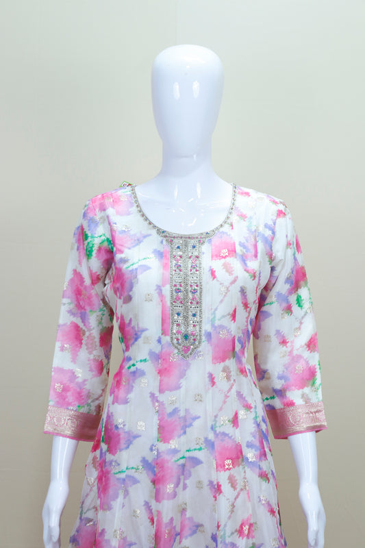 Floral Print Anarkali Suit with Pink Banarasi Dupatta