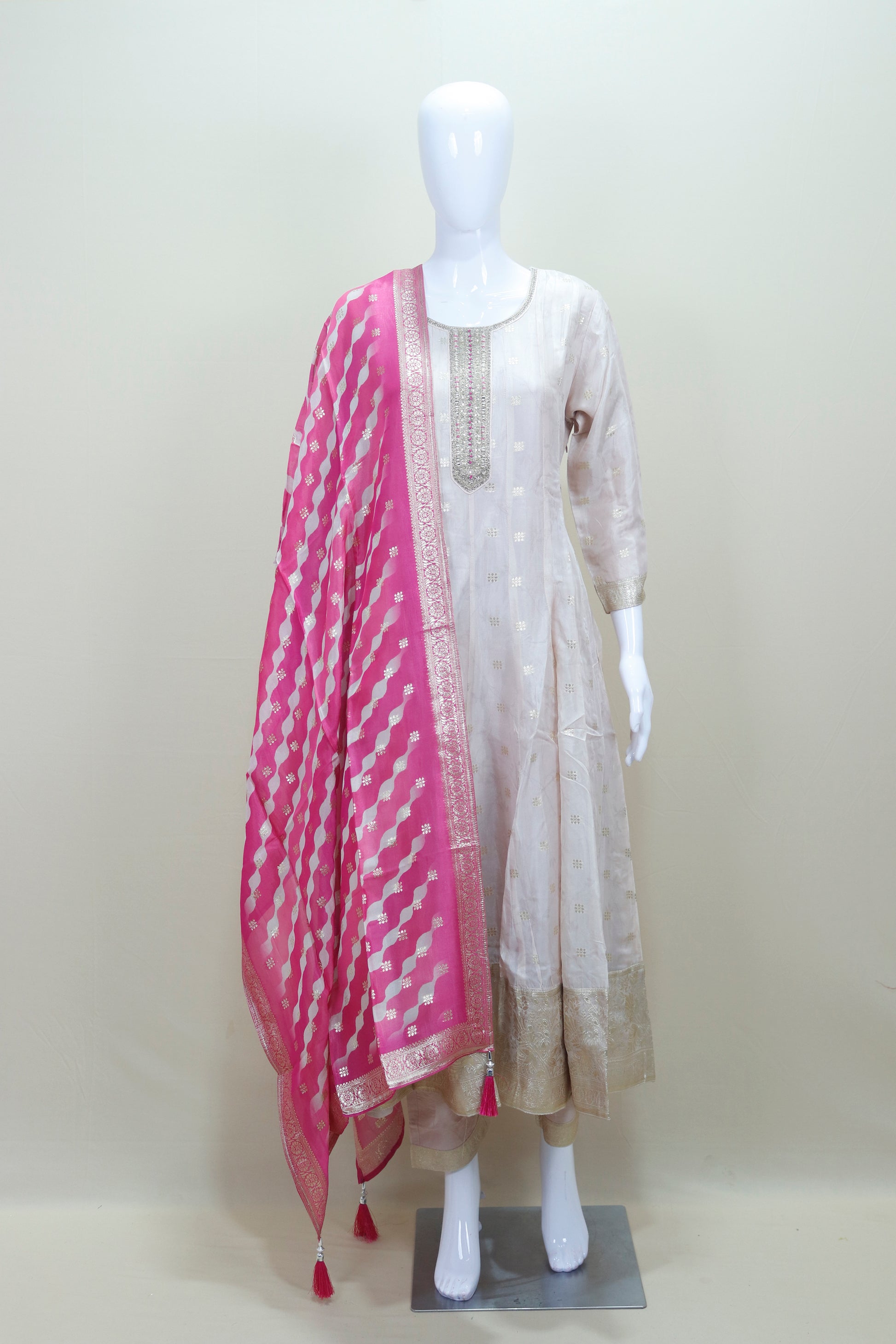 Elegant Beige Silk Anarkali Suit with Pink Banarasi Dupatta