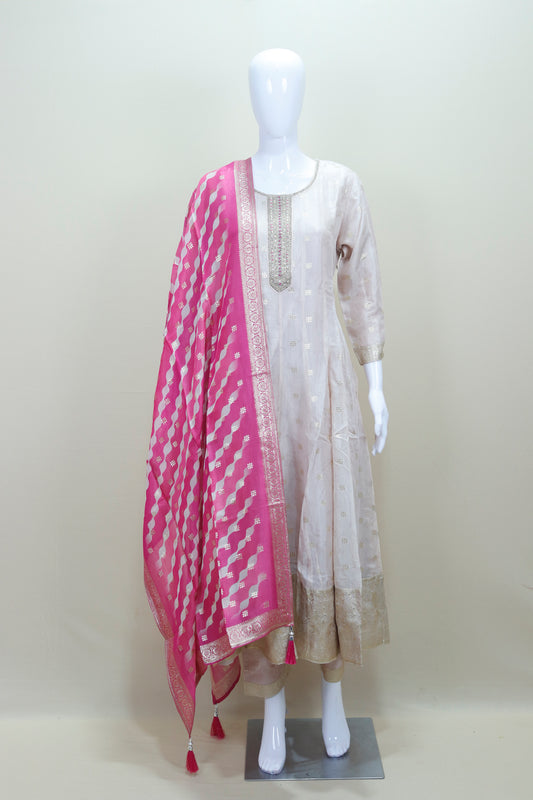 Elegant Beige Silk Anarkali Suit with Pink Banarasi Dupatta