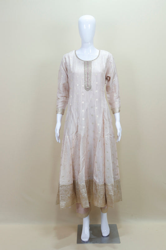 Elegant Beige Silk Anarkali Suit with Pink Banarasi Dupatta
