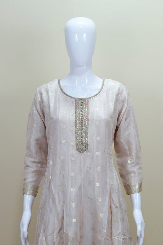 Elegant Beige Silk Anarkali Suit with Pink Banarasi Dupatta