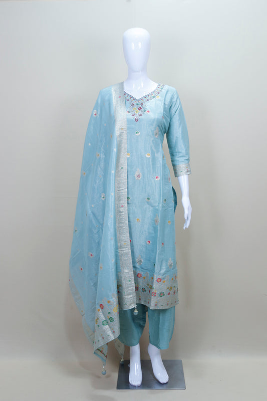 Sky Blue Embroidered Silk Salwar Suit with Dupatta 