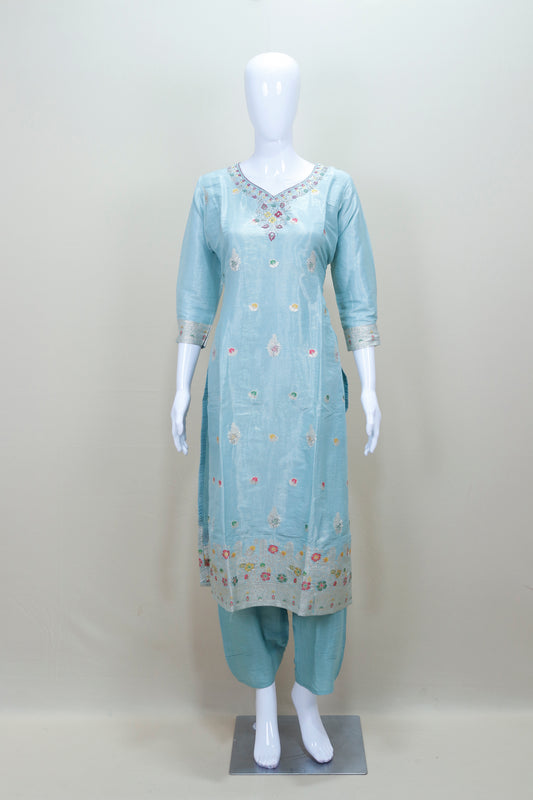 Sky Blue Embroidered Silk Salwar Suit with Dupatta