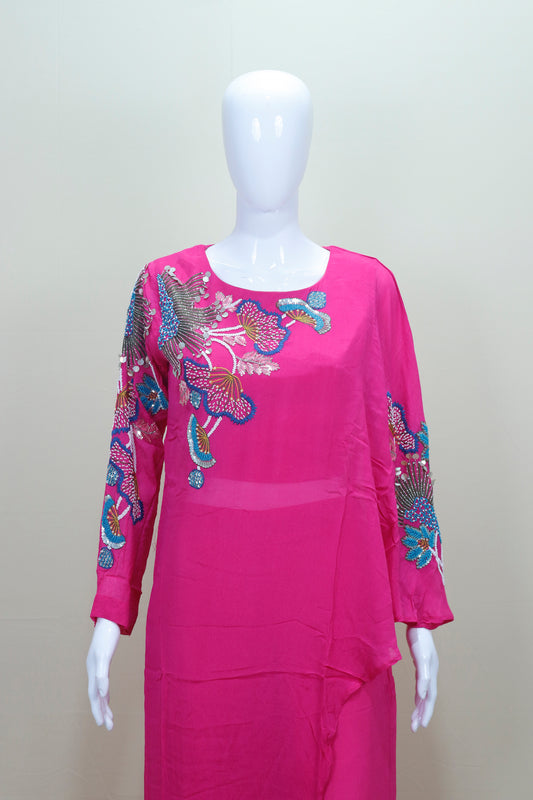 Fuchsia Pink Embroidered Long Kurti Designer Party Wear