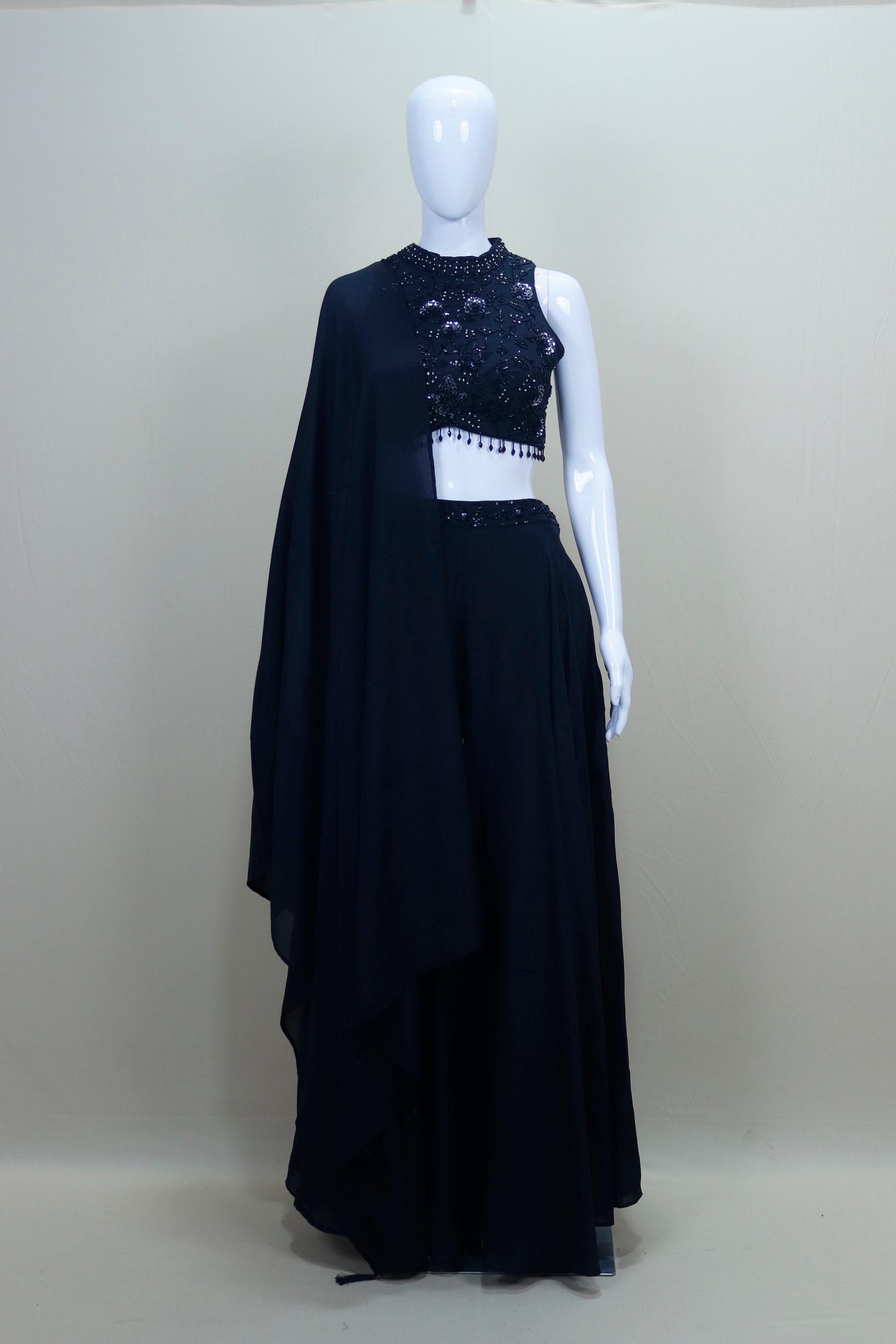 Black Crop Top with Palazzo Dupatta Designer Party Wear Indo Western Set