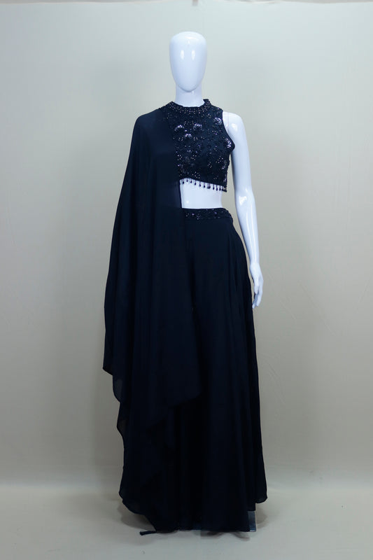 Black Crop Top with Palazzo Dupatta Designer Party Wear Indo Western Set