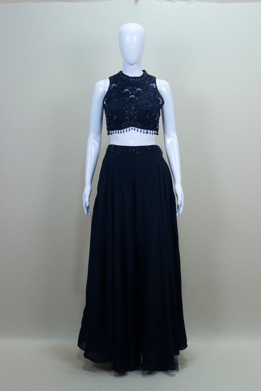 Black Crop Top with Palazzo Dupatta Designer Party Wear Indo Western Set