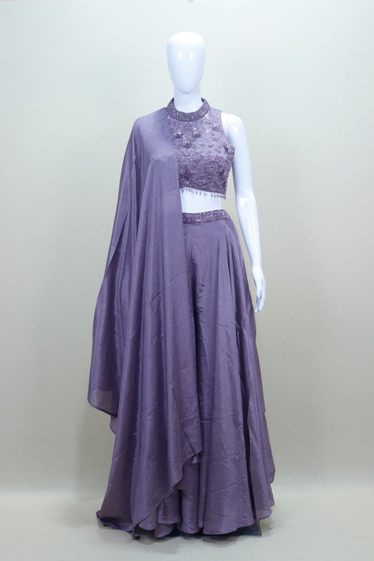 Designer Lavender Crop Top Palazzo Set Dupatta Indo Western Outfit
