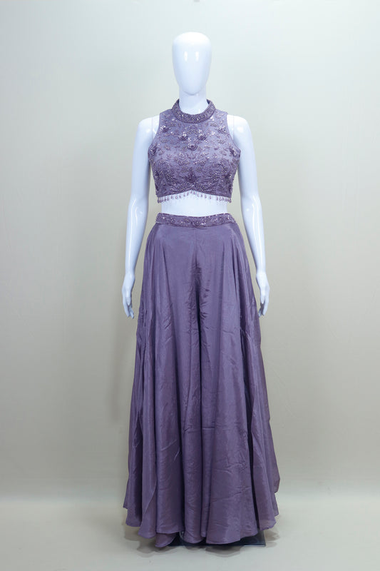 Designer Lavender Crop Top Palazzo Set Dupatta Indo Western Outfit