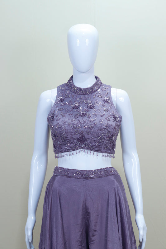 Designer Lavender Crop Top Palazzo Set Dupatta Indo Western Outfit