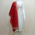 Elegant White Silk Kurta Set with Red Bandhani Dupatta 