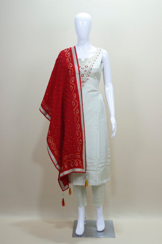 Elegant White Silk Kurta Set with Red Bandhani Dupatta 