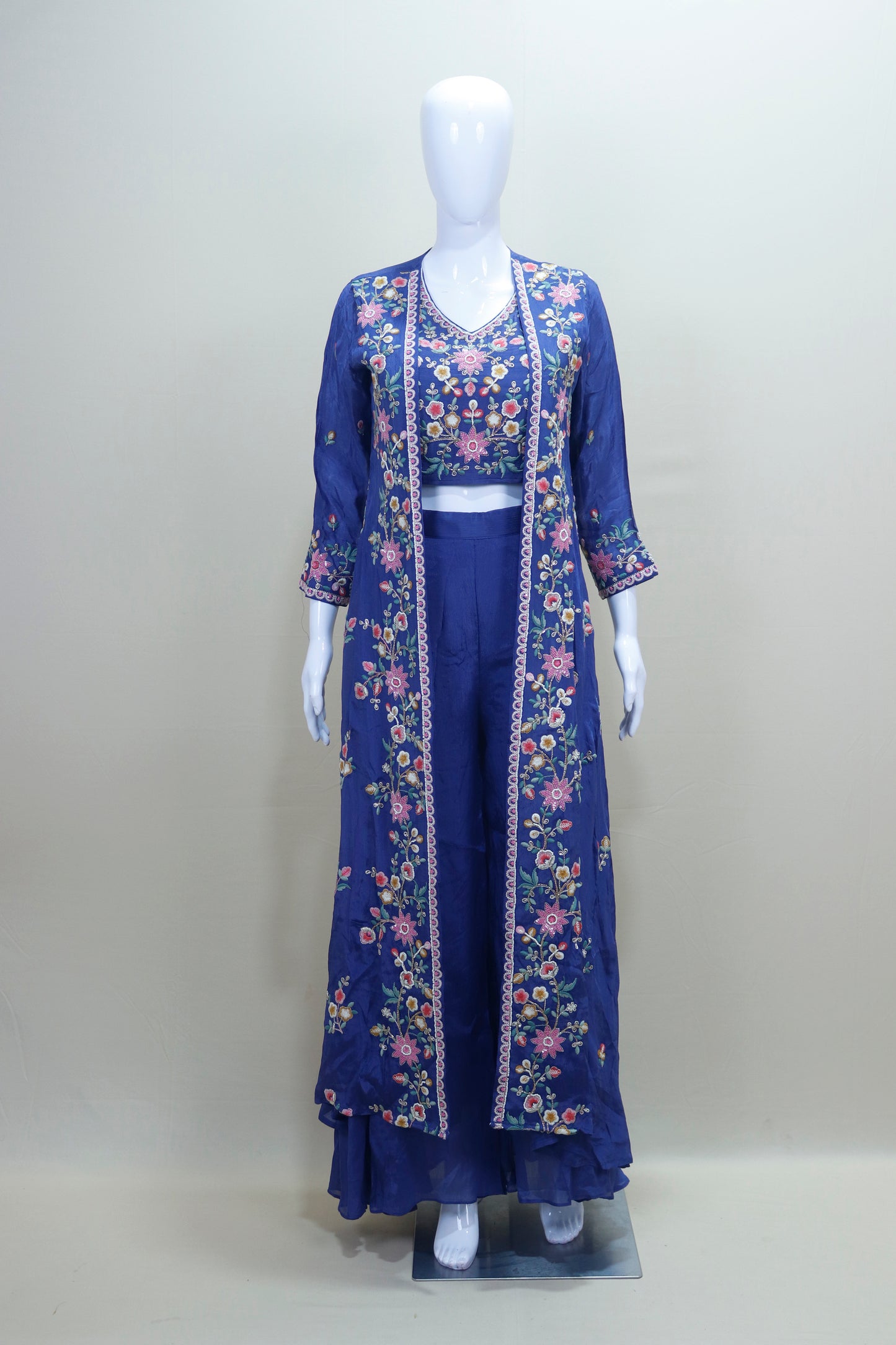 Navy Blue Three Piece Crop Top Palazzo Long Jacket Party Wear