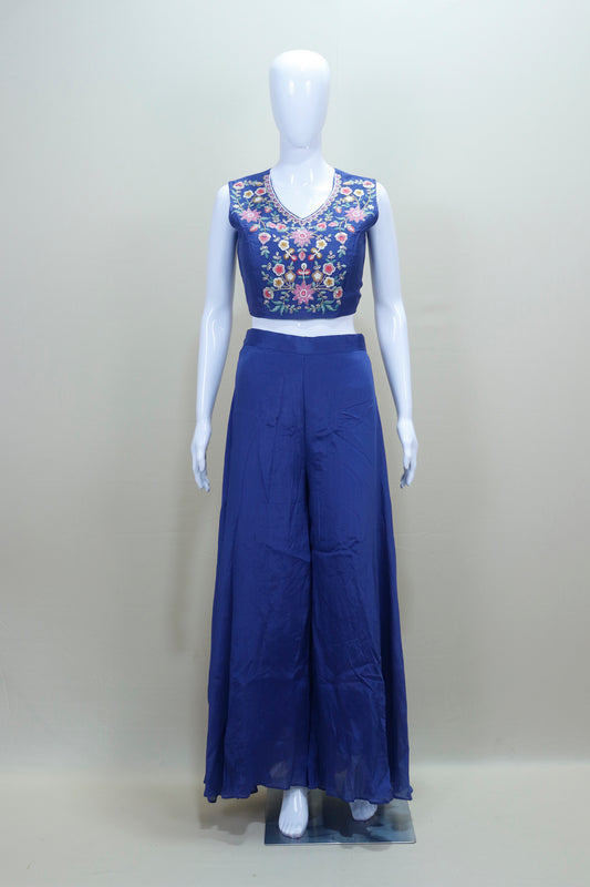 Navy Blue Three Piece Crop Top Palazzo Long Jacket Party Wear