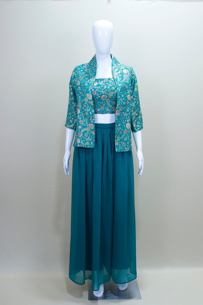 Teal Green Three Piece Crop Top Long Skirt Jacket Party Wear