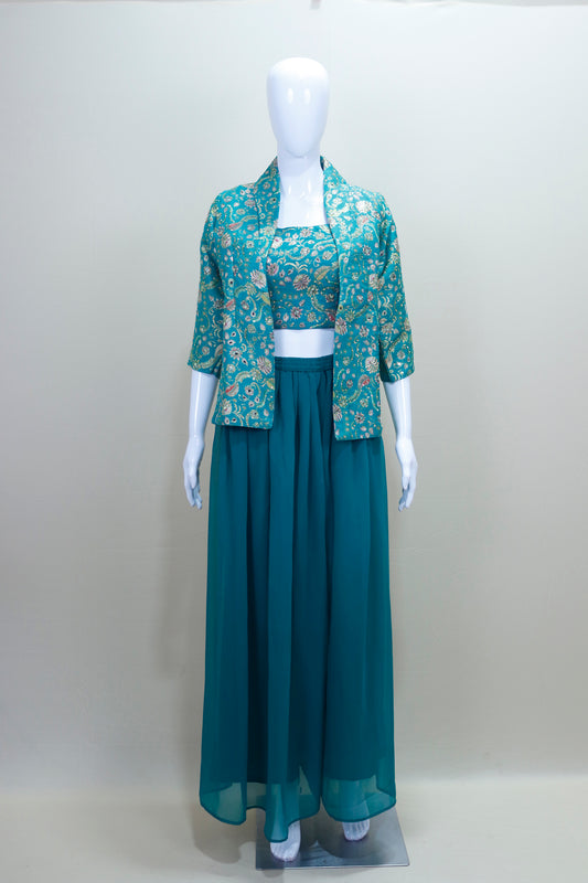 Teal Green Three Piece Crop Top Long Skirt Jacket Party Wear