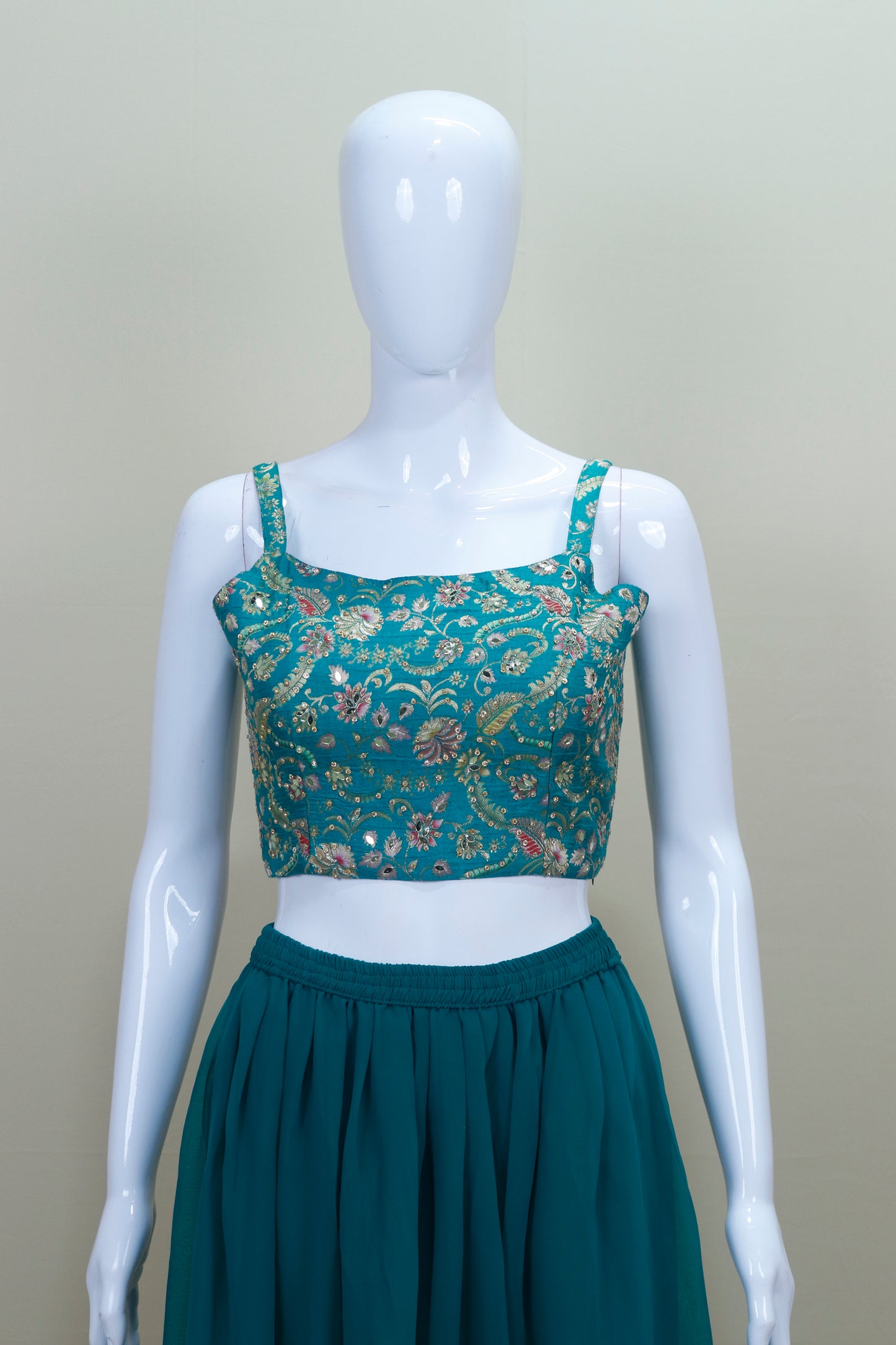 Teal Green Three Piece Crop Top Long Skirt Jacket Party Wear