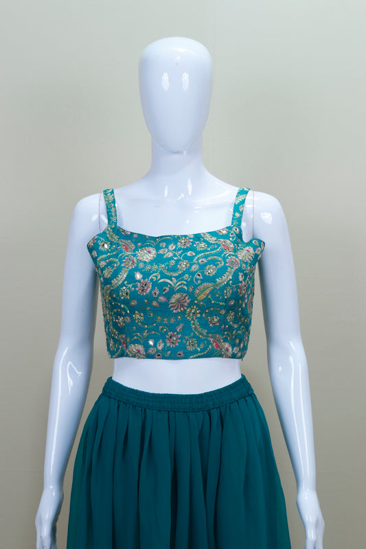 Teal Green Three Piece Crop Top Long Skirt Jacket Party Wear