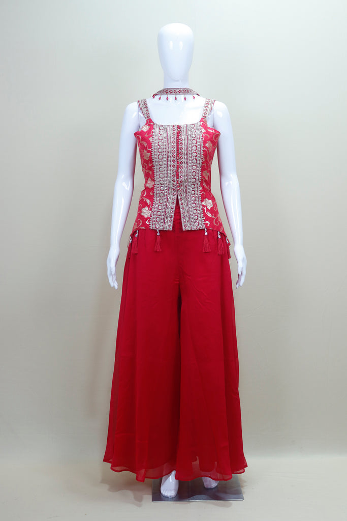 Designer Red Crop Top with Palazzo Pants Set Party Wear