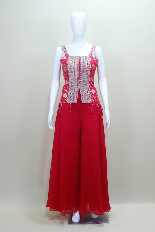 Designer Red Crop Top with Palazzo Pants Set Party Wear