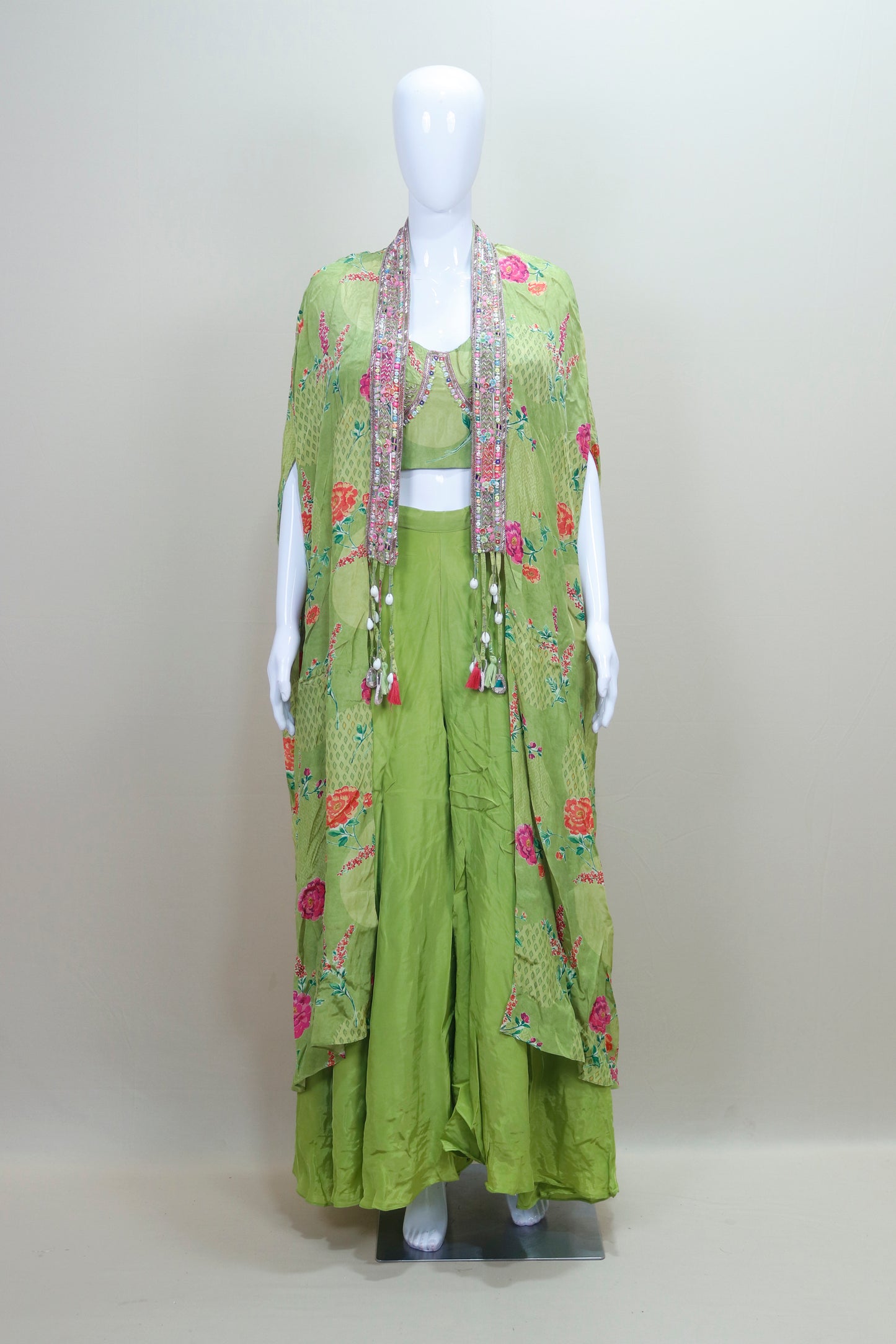 Green Crop Top Palazzo Set with Cape Jacket Designer Party Wear