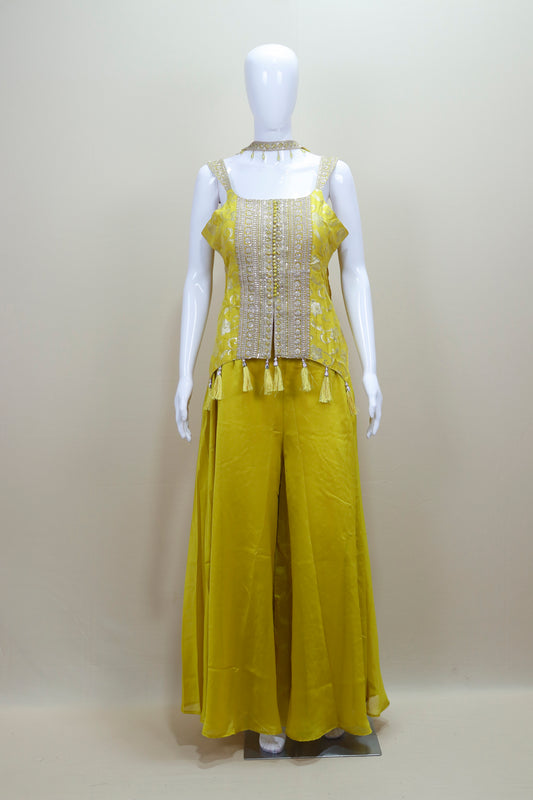 Designer Yellow Crop Top with Palazzo Pants Tassel Detailing