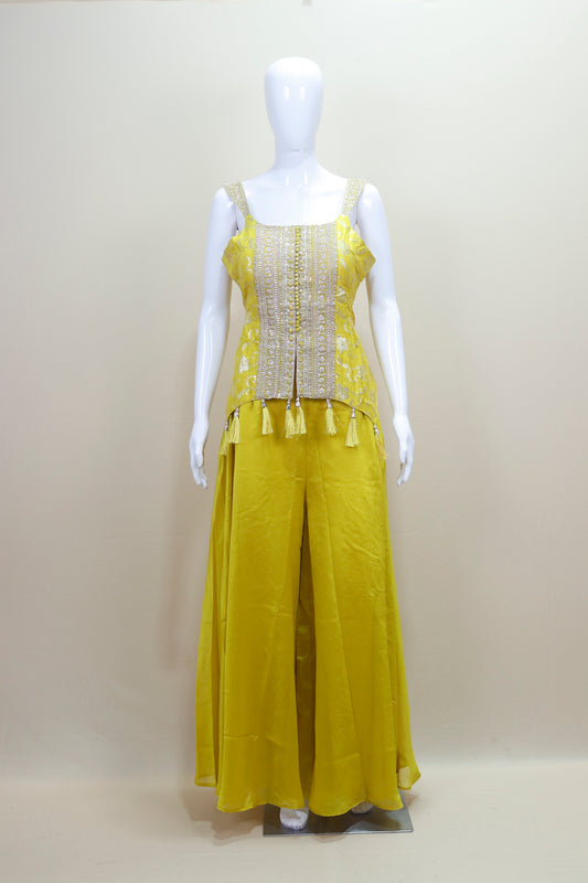Designer Yellow Crop Top with Palazzo Pants Tassel Detailing