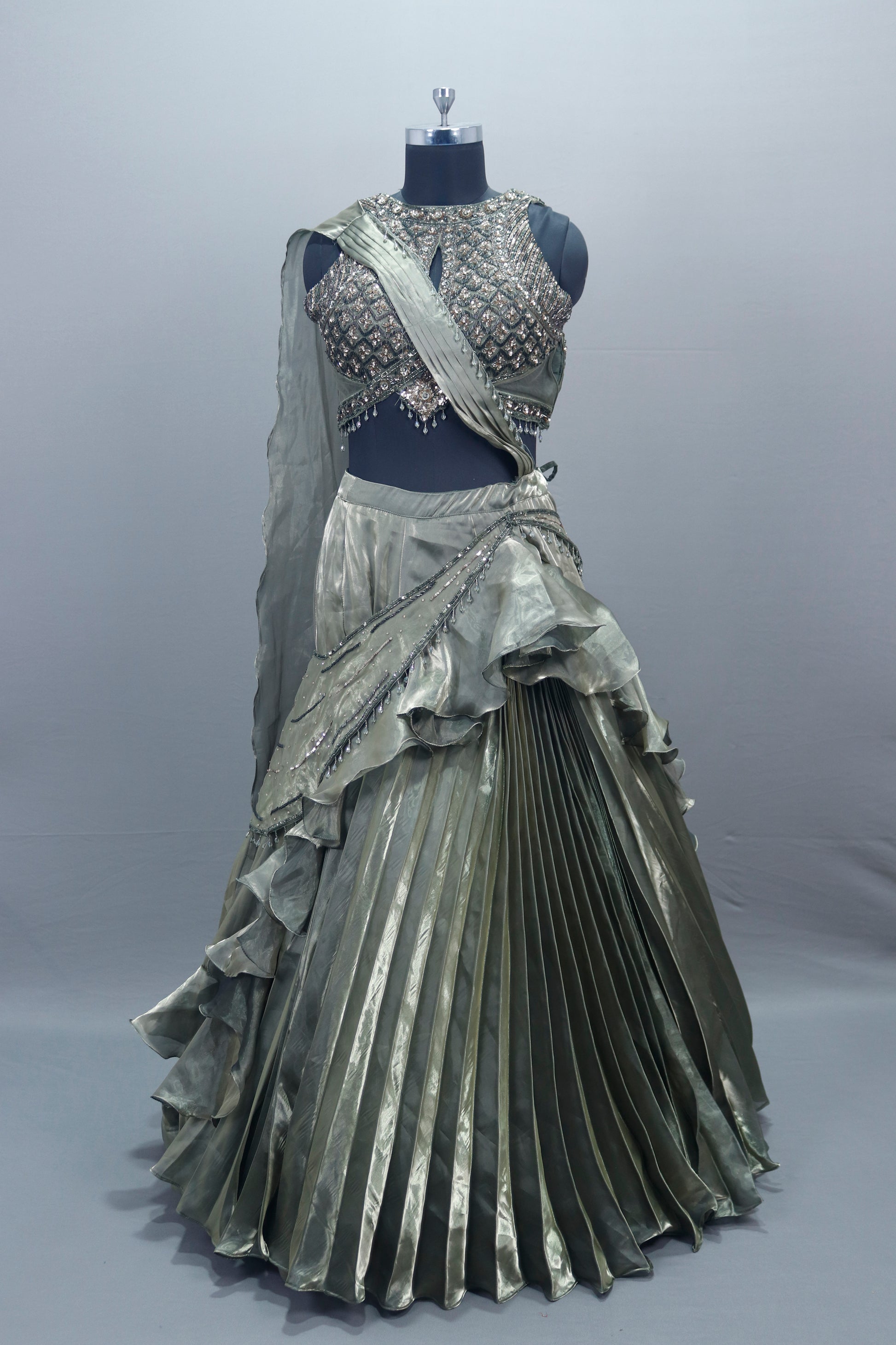 Designer Grey Lehenga Choli with Pleated Skirt Party Wear Outfit