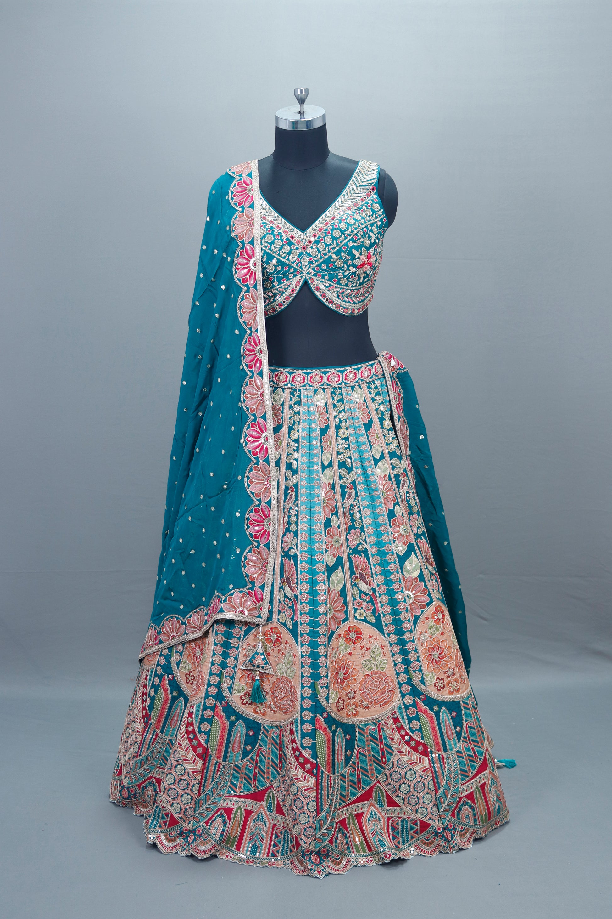 Teal Blue Multi Color Bridal Lehenga Choli with Dupatta
