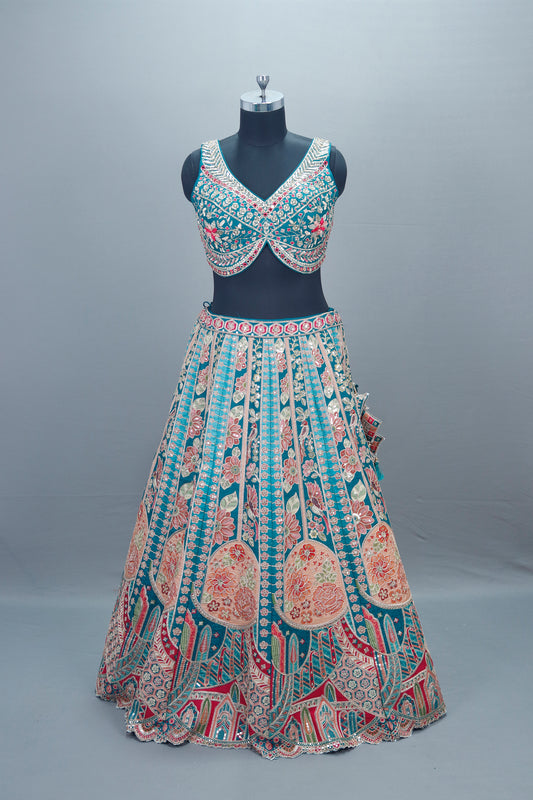 Teal Blue Multi Color Bridal Lehenga Choli with Dupatta