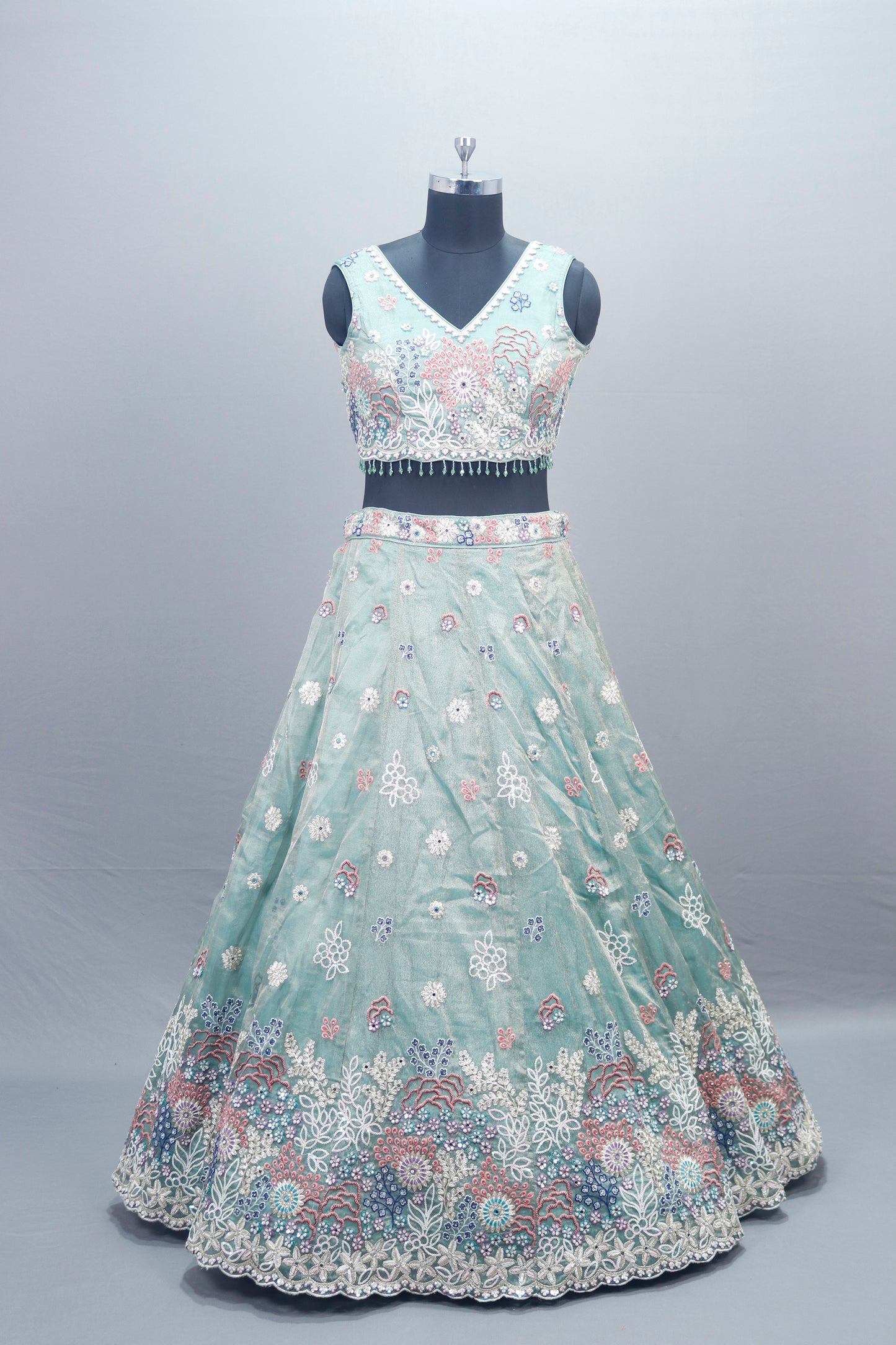 Cyan Green Net Lehenga Choli with Dupatta Party Wear Lehenga