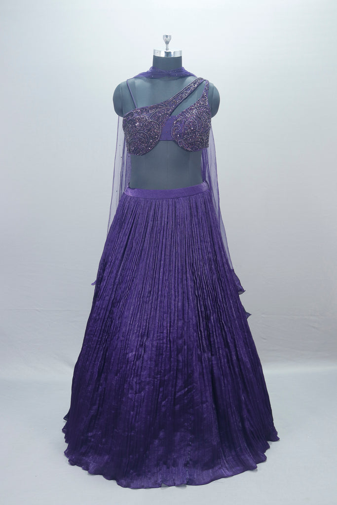 Purple Designer Lehenga Choli with One Shoulder Blouse Dupatta 