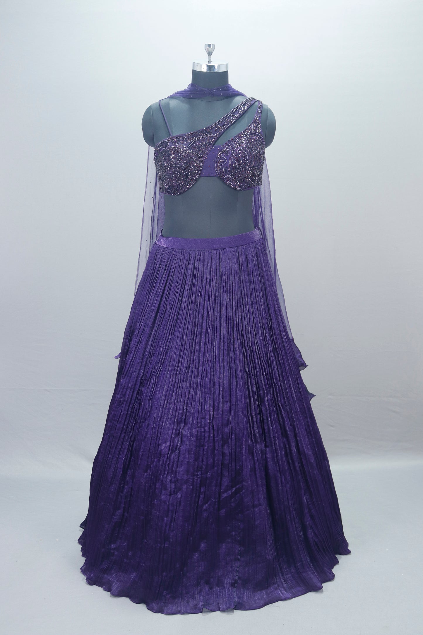 Purple Designer Lehenga Choli with One Shoulder Blouse Dupatta 