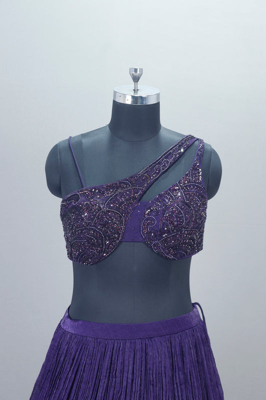 Purple Designer Lehenga Choli with One Shoulder Blouse Dupatta