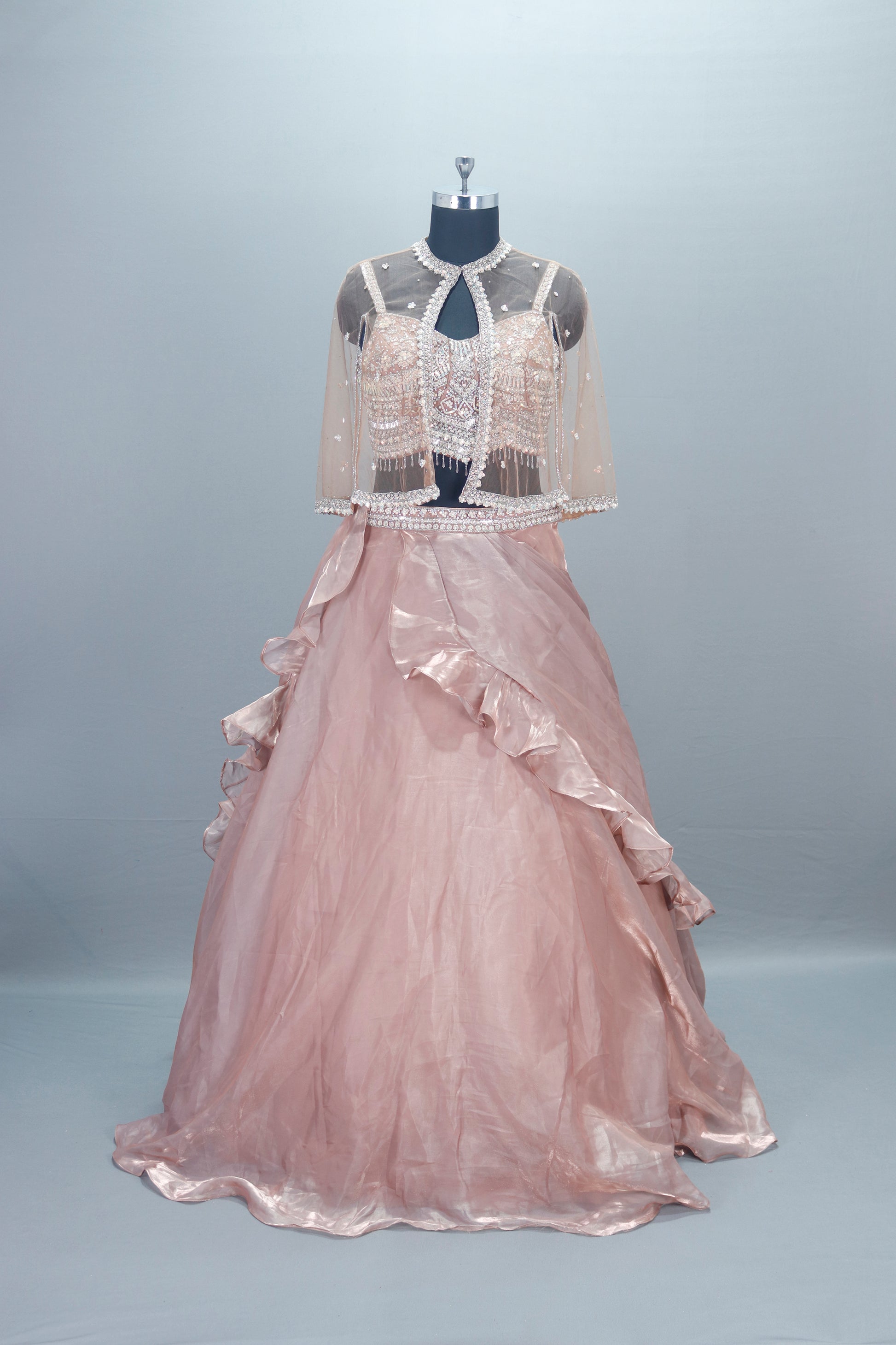 Designer Rose Gold Lehenga Choli Blouse and Sheer Cape Party Wear