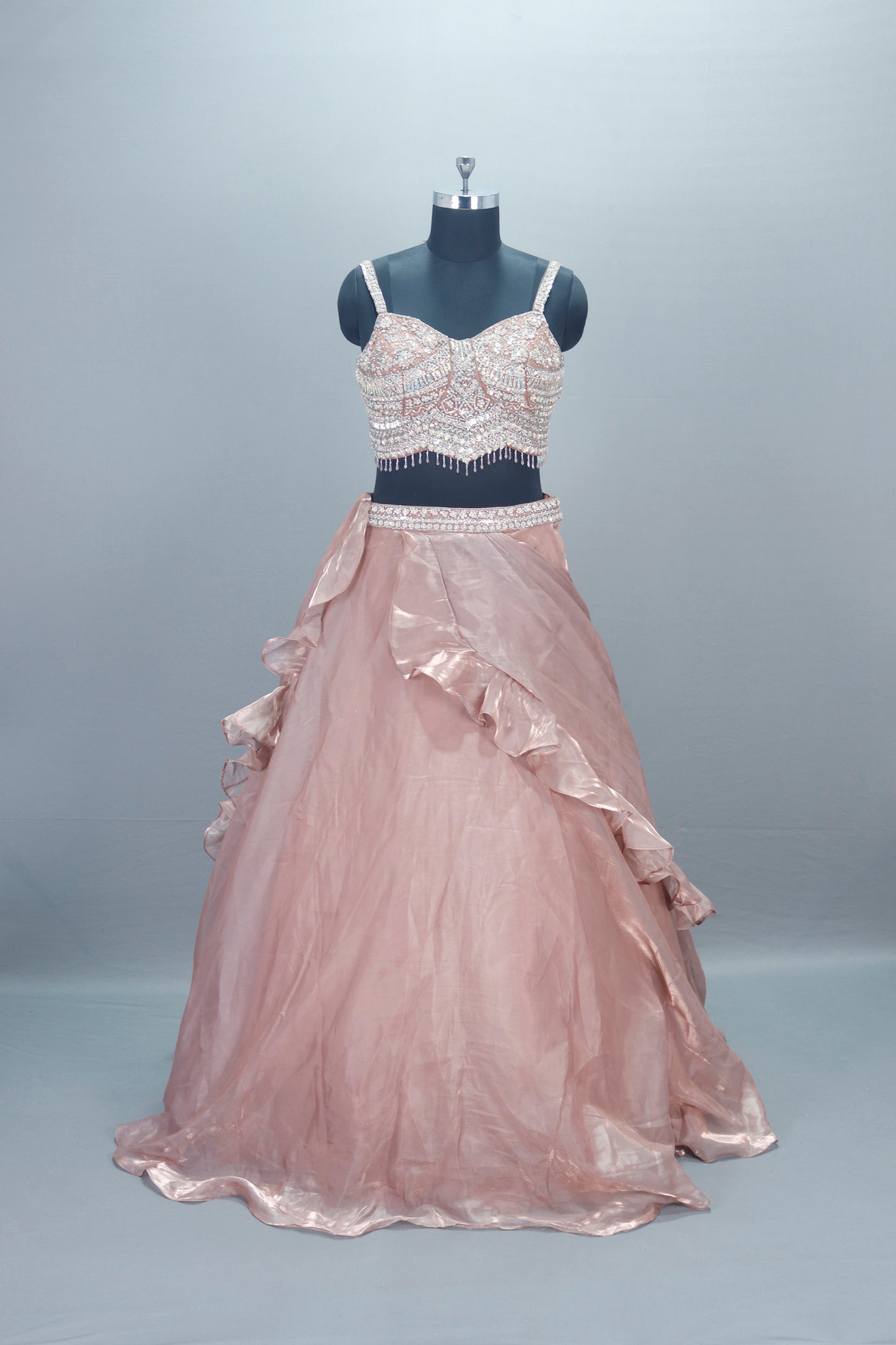 Designer Rose Gold Lehenga Choli Blouse and Sheer Cape Party Wear