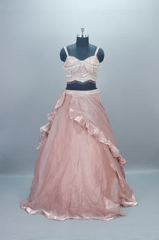 Designer Rose Gold Lehenga Choli Blouse and Sheer Cape Party Wear