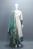 Elegant Off White Silk Anarkali Suit Teal Banarasi Dupatta Neckline 