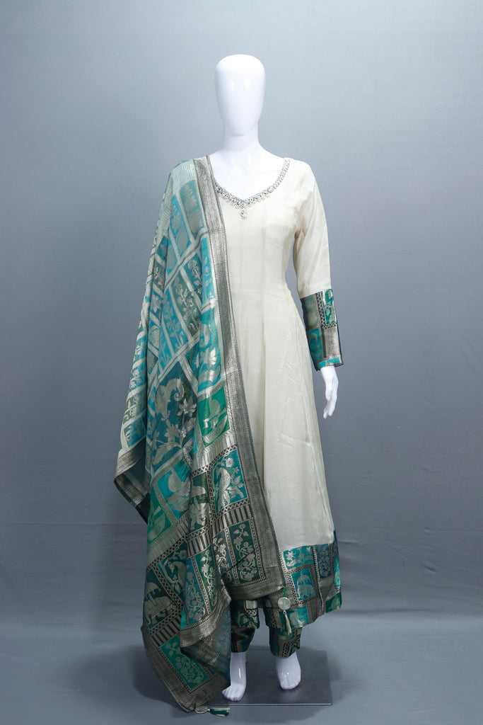 Elegant Off White Silk Anarkali Suit Teal Banarasi Dupatta Neckline 