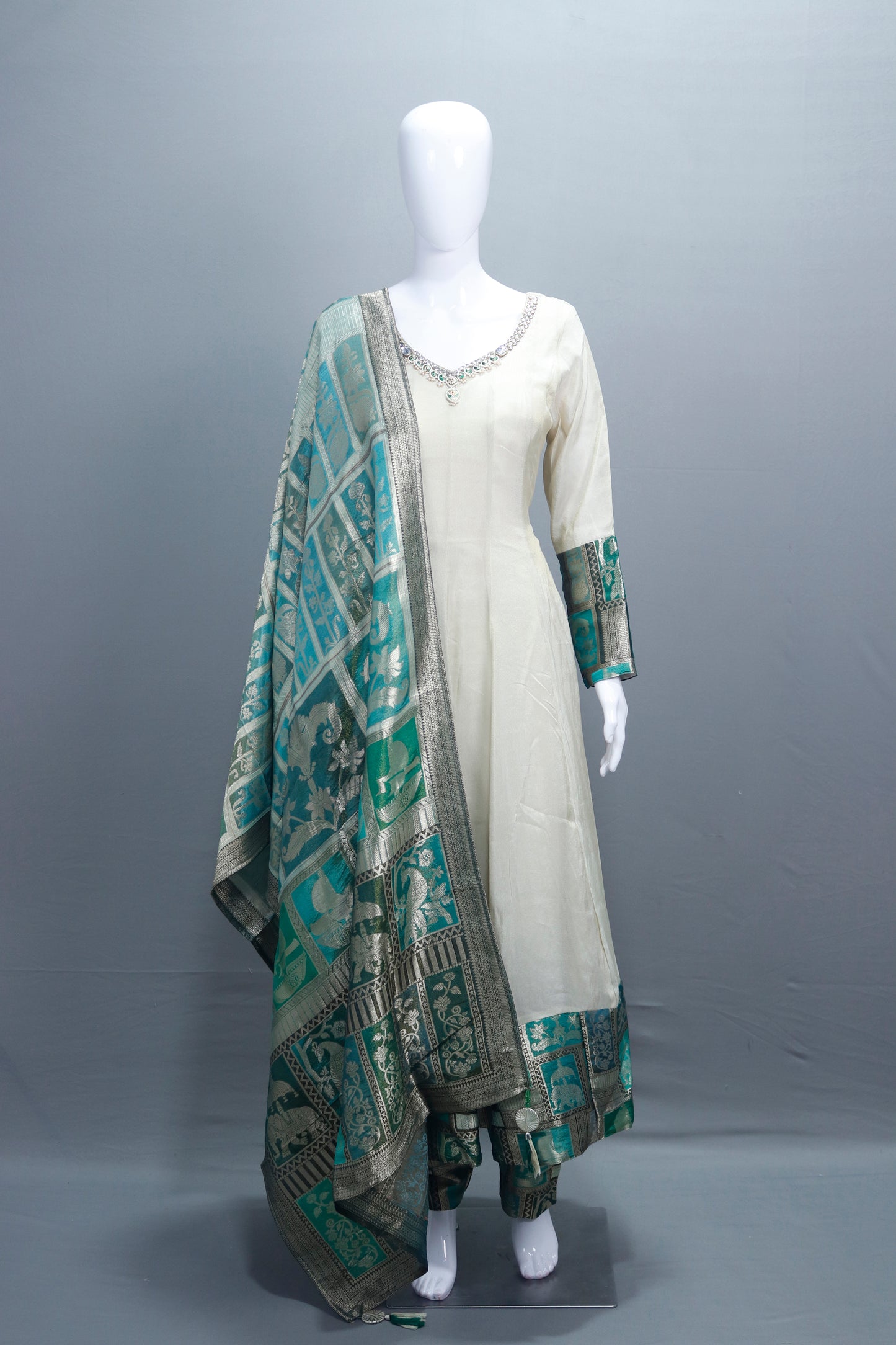 Elegant Off White Silk Anarkali Suit Teal Banarasi Dupatta Neckline 