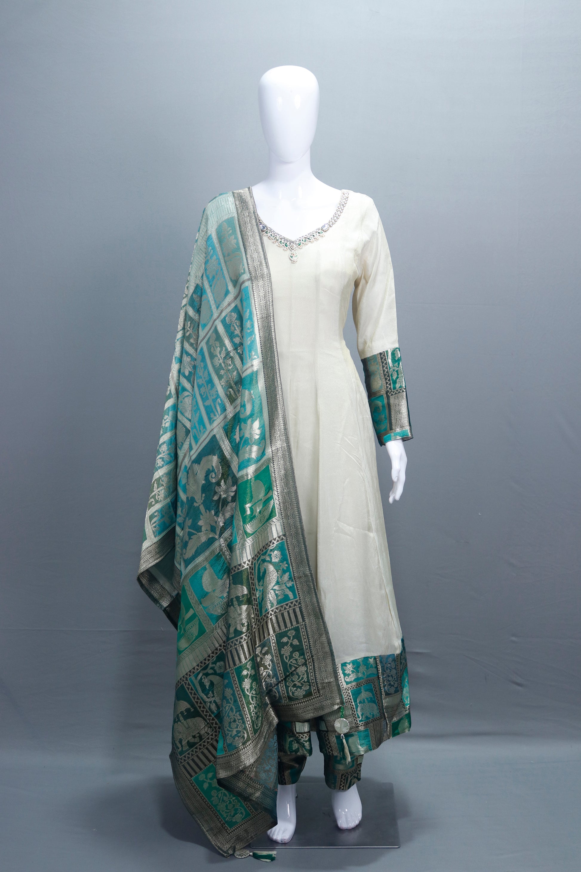 Elegant Off White Silk Anarkali Suit Teal Banarasi Dupatta Neckline 