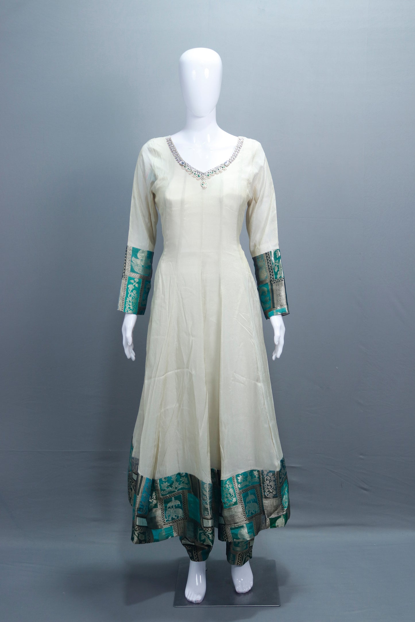 Elegant Off White Silk Anarkali Suit Teal Banarasi Dupatta Neckline